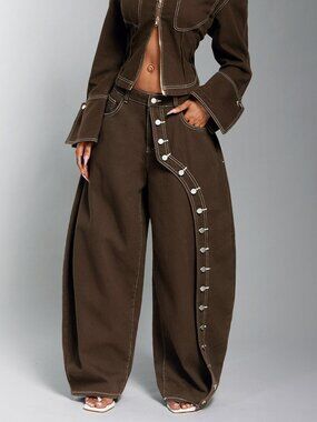 Mocha Brown Casual Women's Loose Low Waisted Plain Double Button Harem Jeans